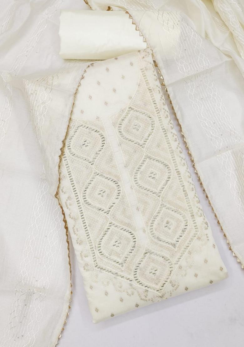 White Solid Chanderi Dress Material