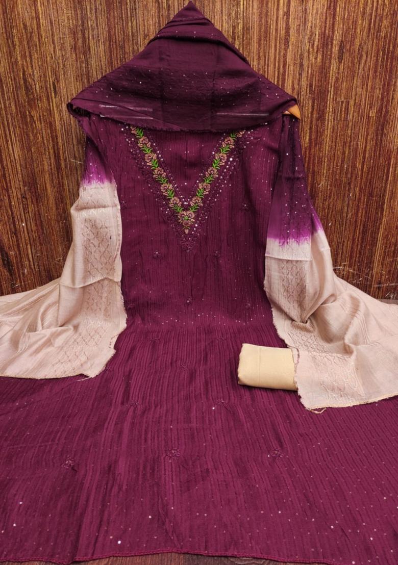 Wine Solid Chanderi Dress Material
