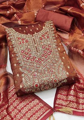 Brown Solid Silk Dress Material