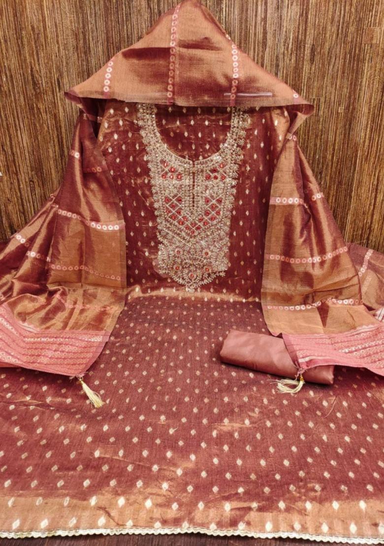 Brown Solid Silk Dress Material