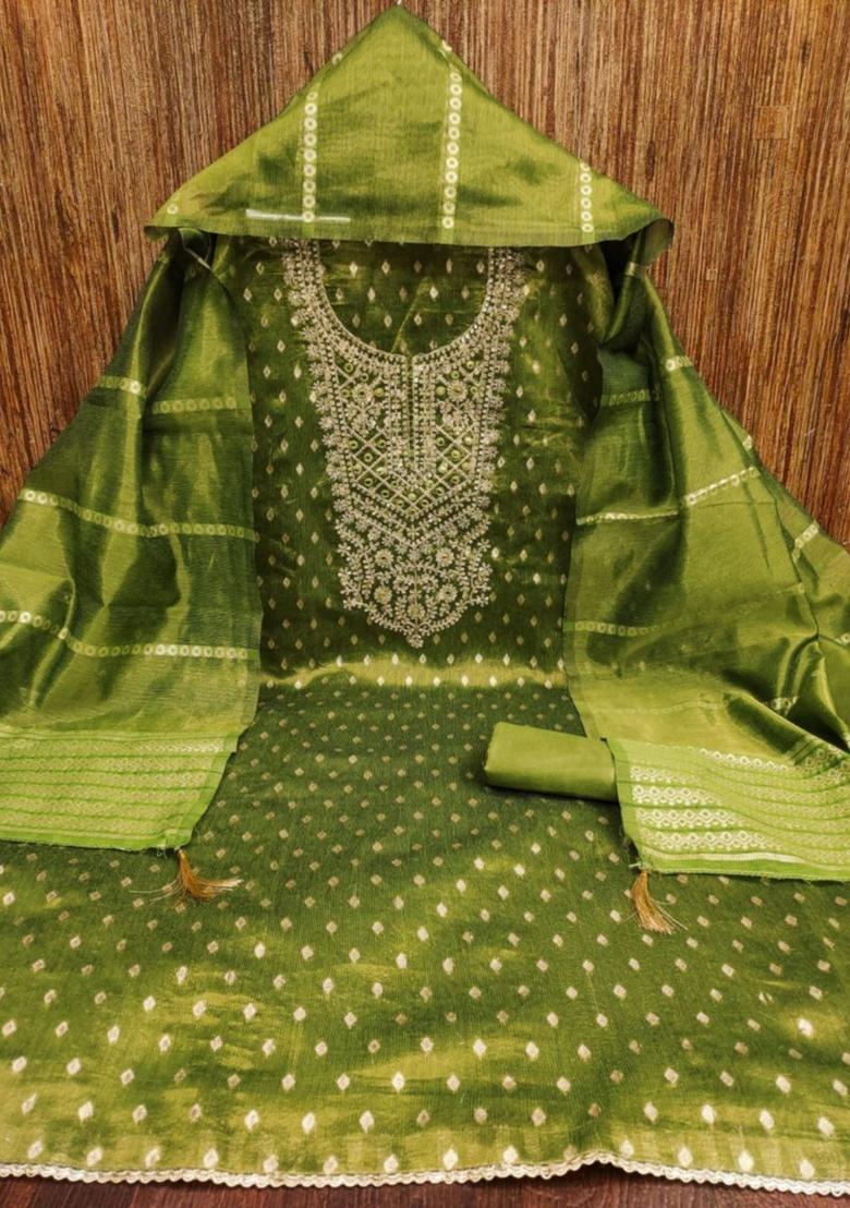 Green Solid Silk Dress Material