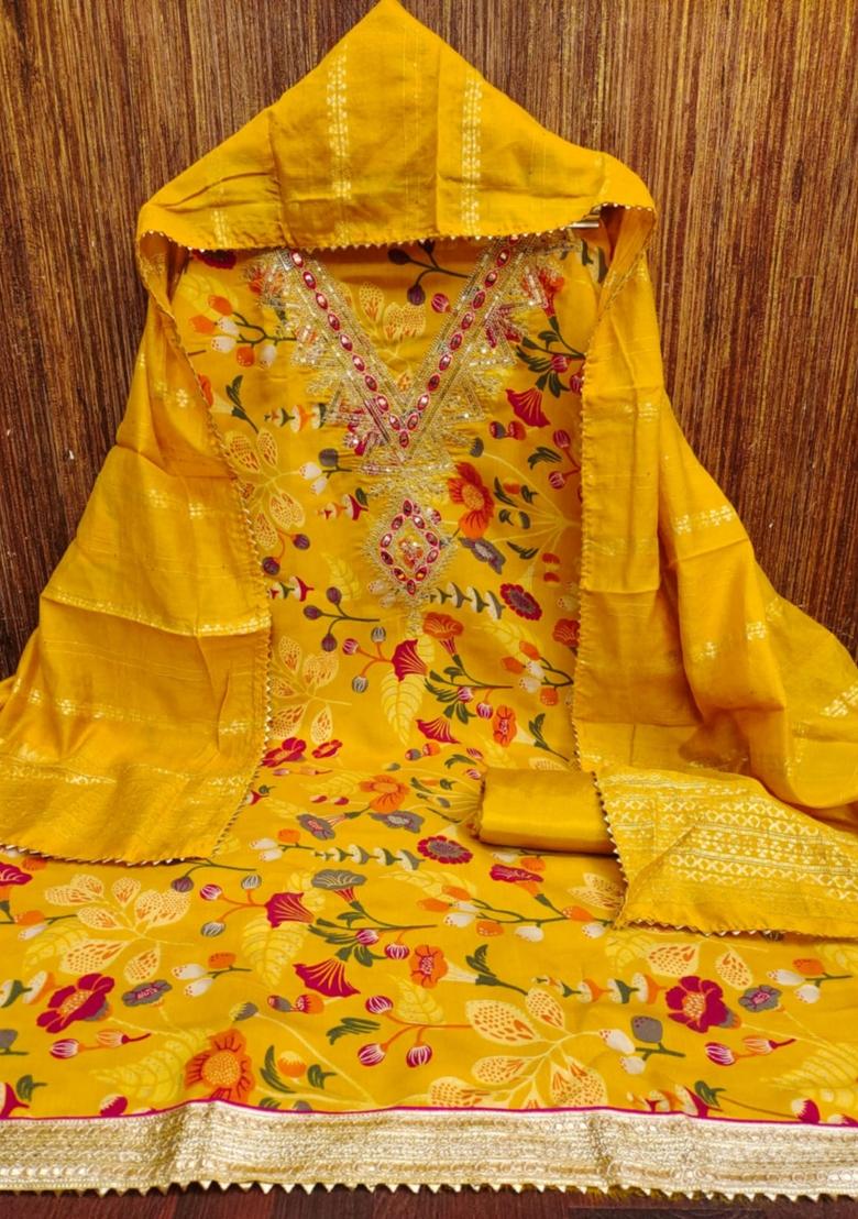 Gold Solid Chanderi Dress Material