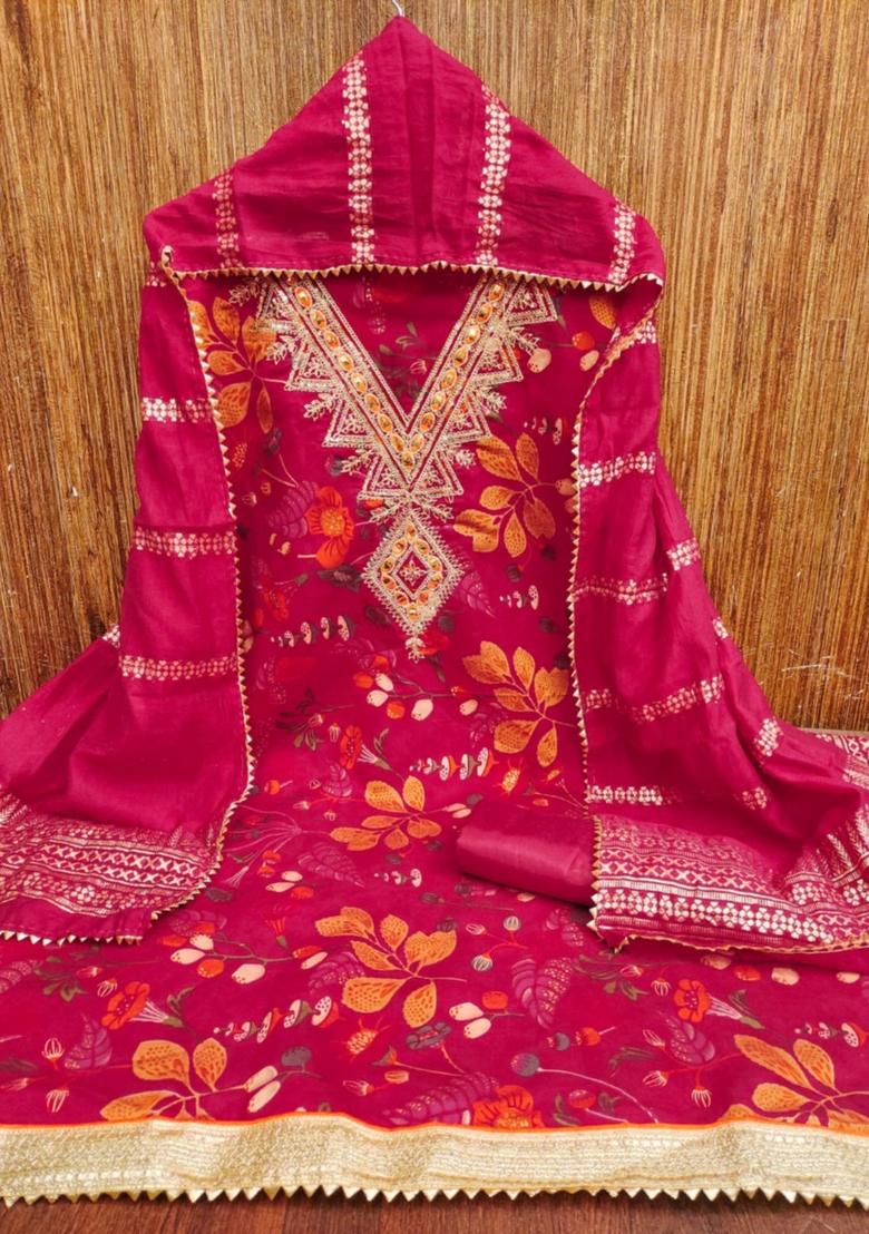 Red Solid Chanderi Dress Material