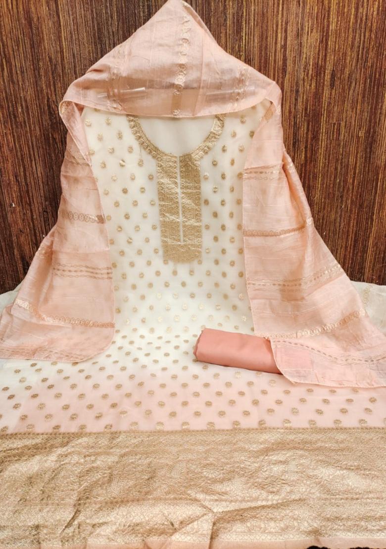 Peach Solid Organza Dress Material
