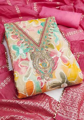 Pink Solid Organza Dress Material