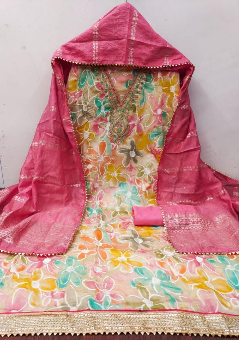 Pink Solid Organza Dress Material