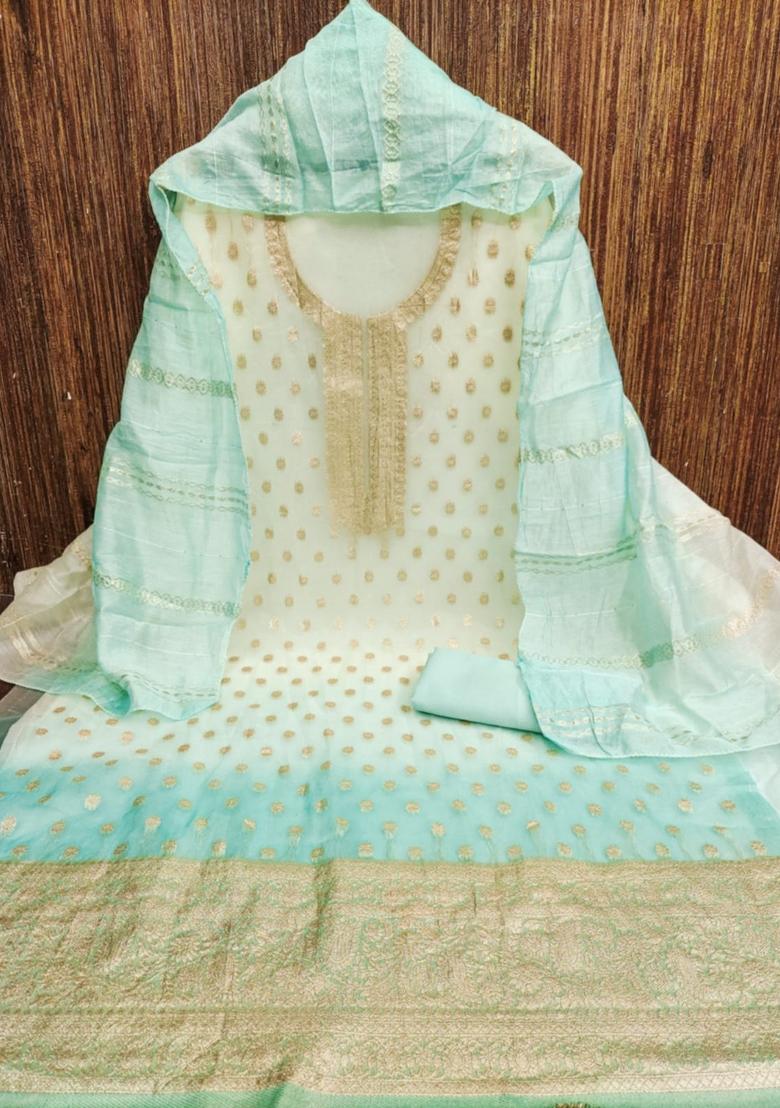 Teal Blue Solid Organza Dress Material