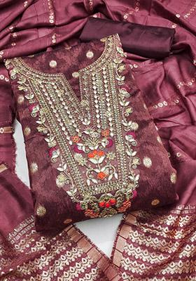 Brown Solid Chanderi Dress Material