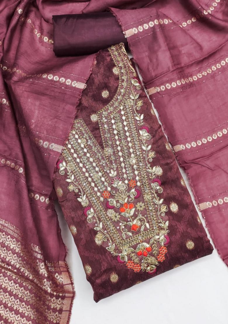 Brown Solid Chanderi Dress Material
