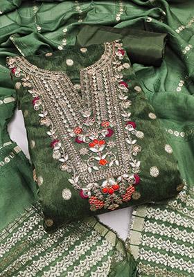 Green Solid Chanderi Dress Material