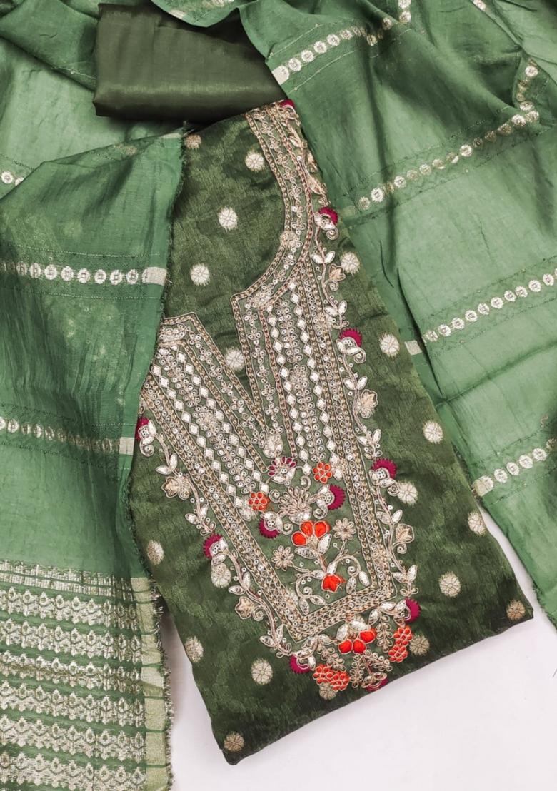Green Solid Chanderi Dress Material
