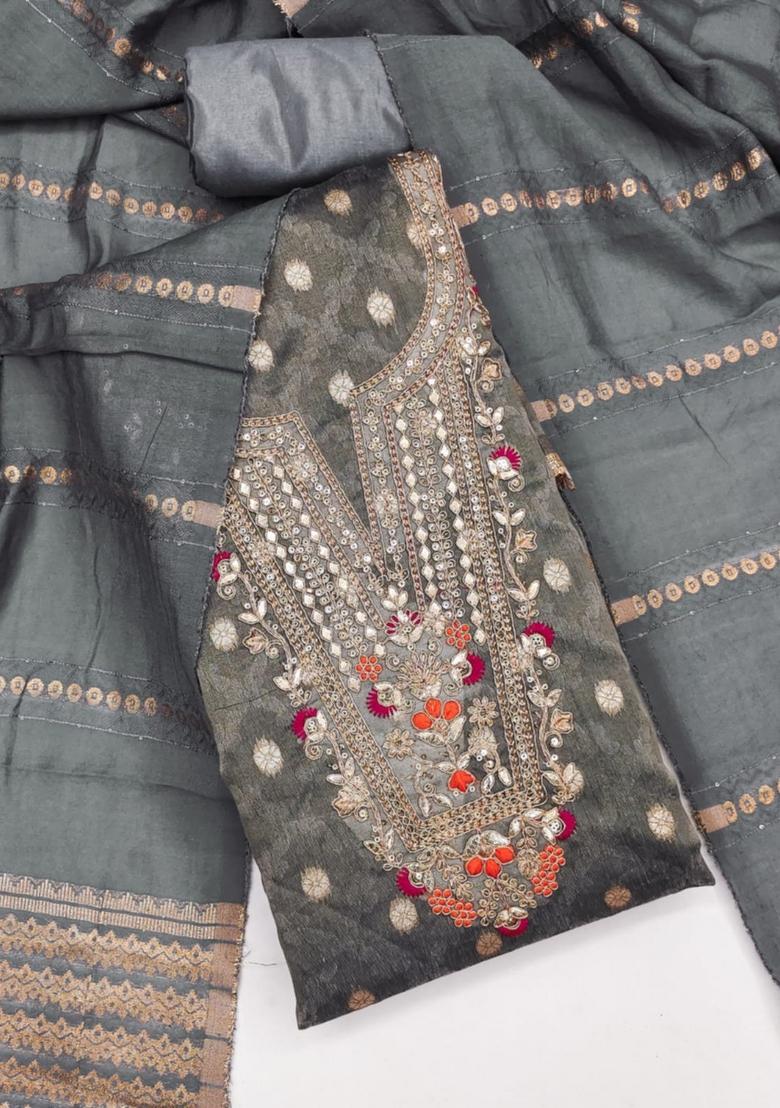 Grey Solid Chanderi Dress Material