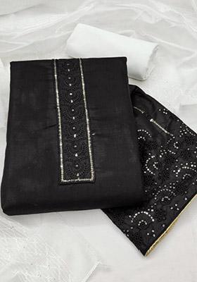 Black Solid Cotton Dress Material