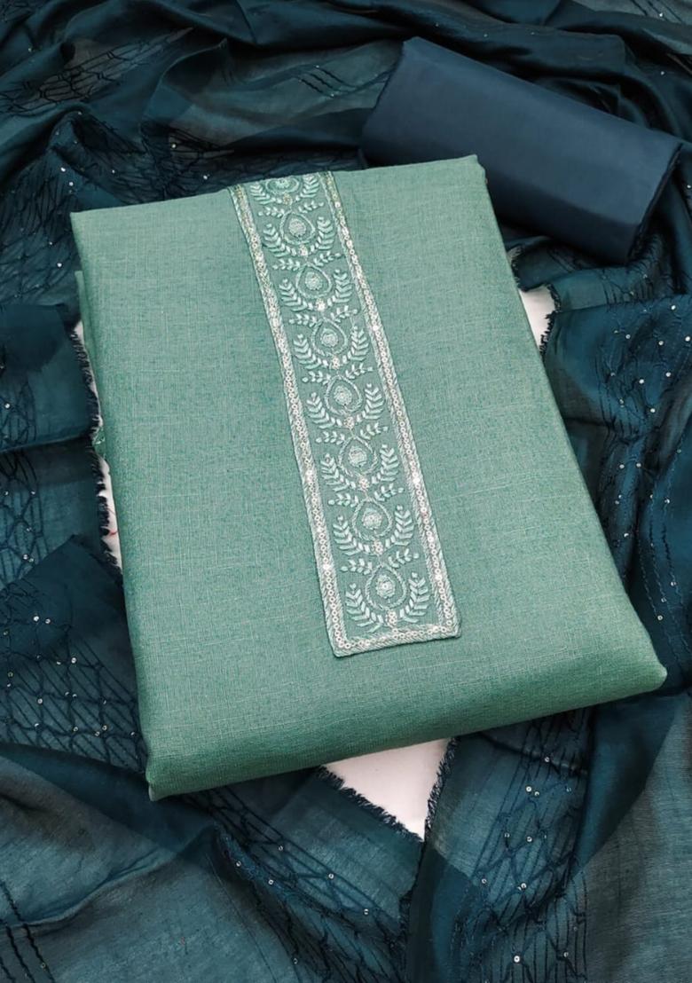 Olive Green Solid Cotton Dress Material