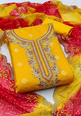 Gold Solid Chanderi Dress Material