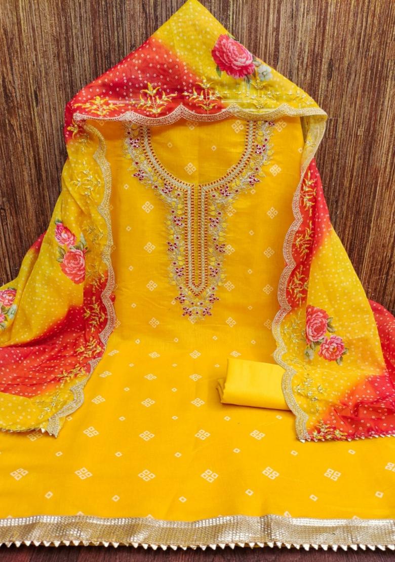 Gold Solid Chanderi Dress Material