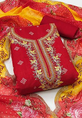Red Solid Chanderi Dress Material
