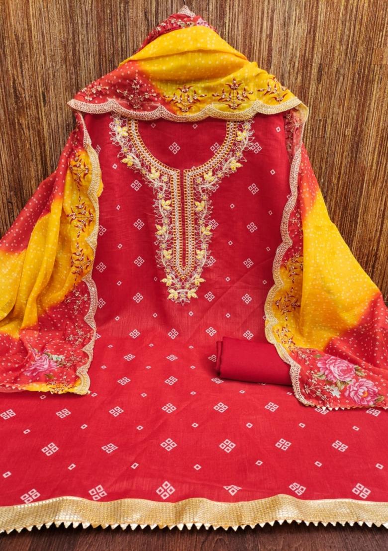 Red Solid Chanderi Dress Material