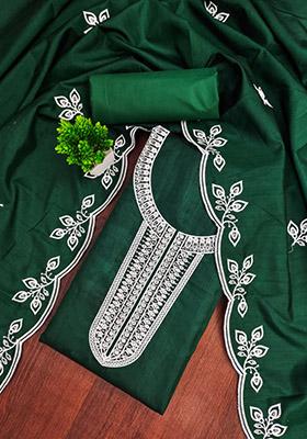 Green Solid Cotton Dress Material