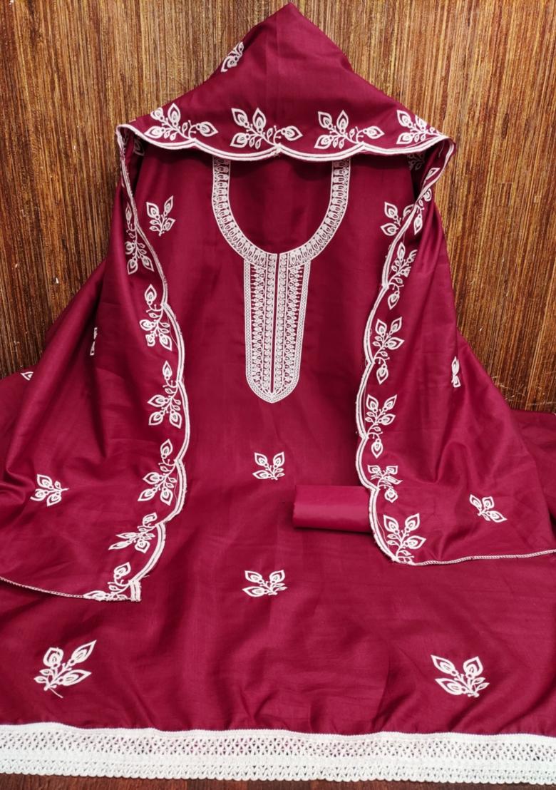 Red Solid Cotton Dress Material