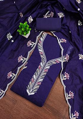 Blue Solid Chanderi Dress Material