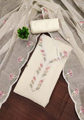 Cream Solid Chanderi Dress Material