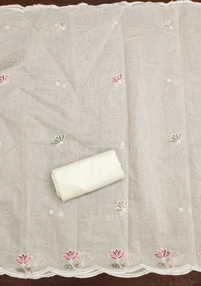 Cream Solid Chanderi Dress Material