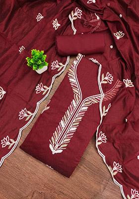 Red Solid Chanderi Dress Material