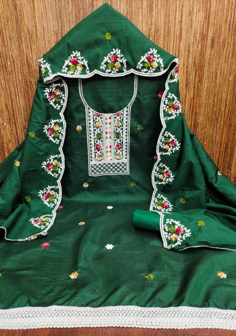 Green Solid Cotton Dress Material