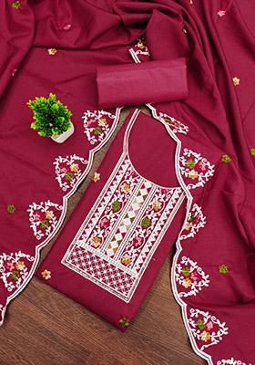 Red Solid Cotton Dress Material