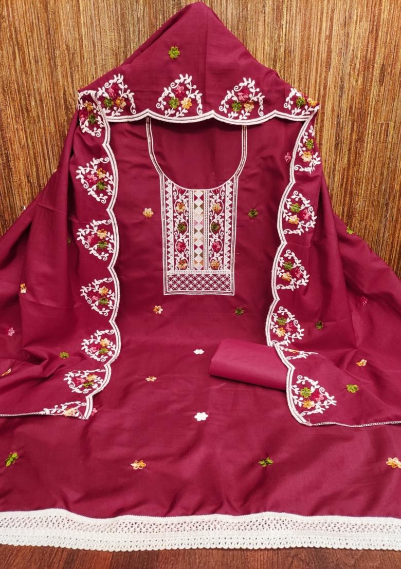 Red Solid Cotton Dress Material