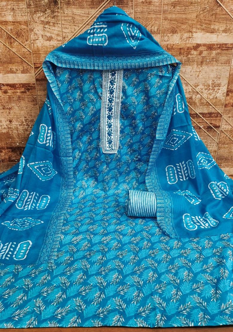 Blue Solid Cotton Dress Material