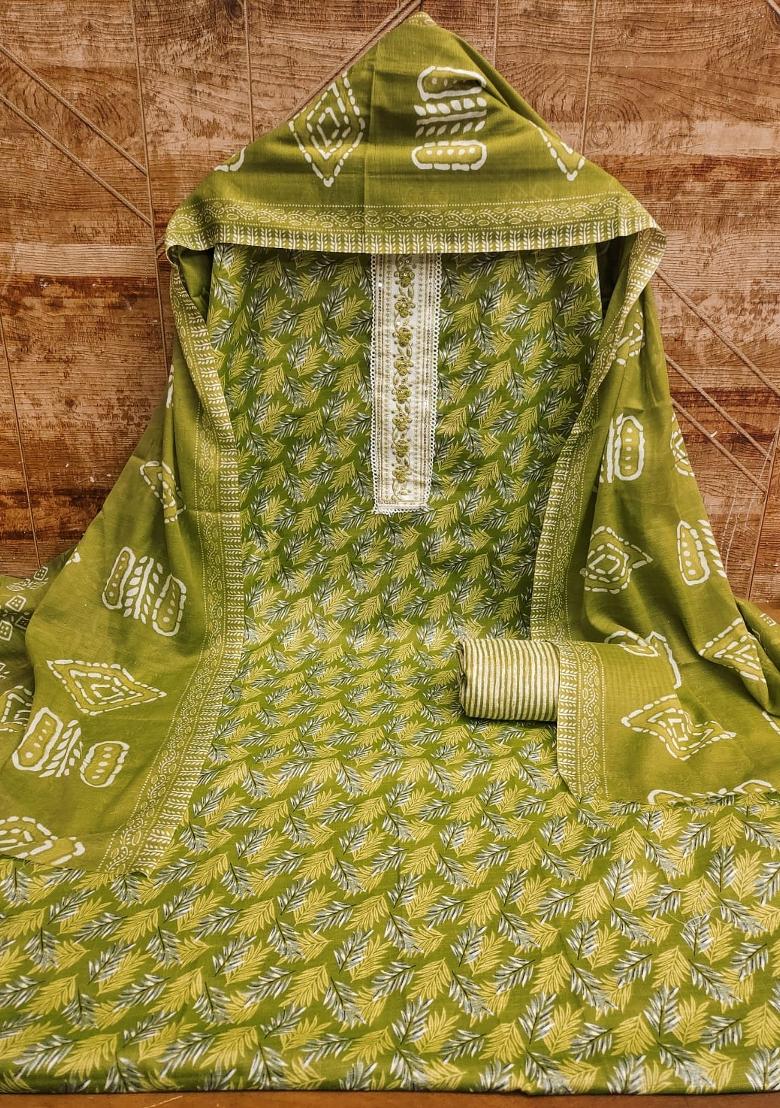 Green Solid Cotton Dress Material
