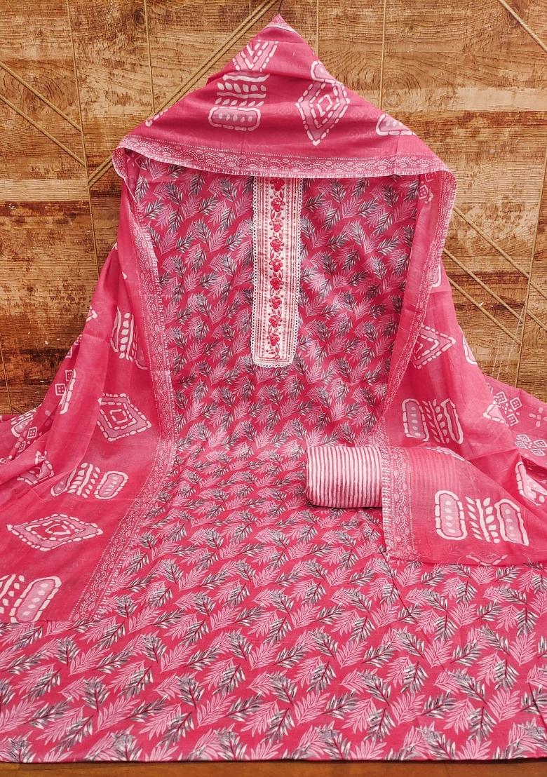 Pink Solid Cotton Dress Material