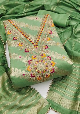 Green Solid Jacquard Dress Material