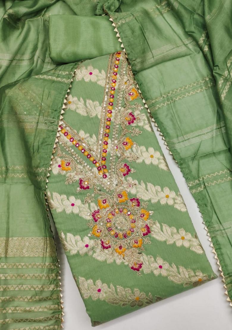 Green Solid Jacquard Dress Material