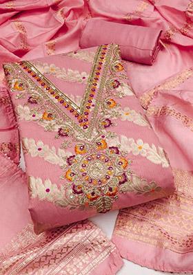 Pink Solid Jacquard Dress Material