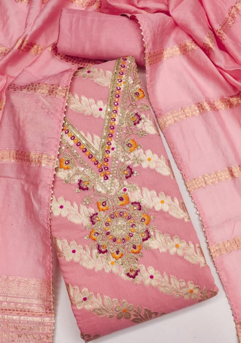 Pink Solid Jacquard Dress Material