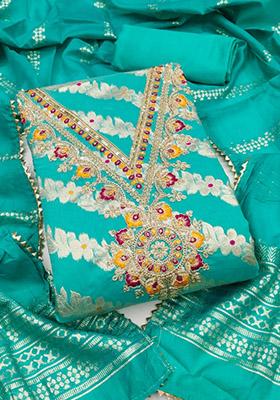 Teal Blue Solid Jacquard Dress Material