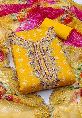 Gold Solid Chanderi Dress Material