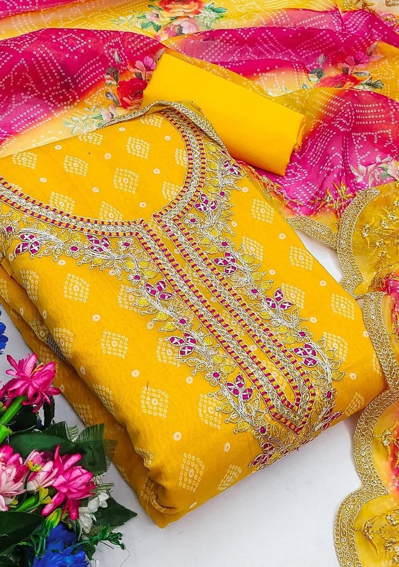 Gold Solid Chanderi Dress Material