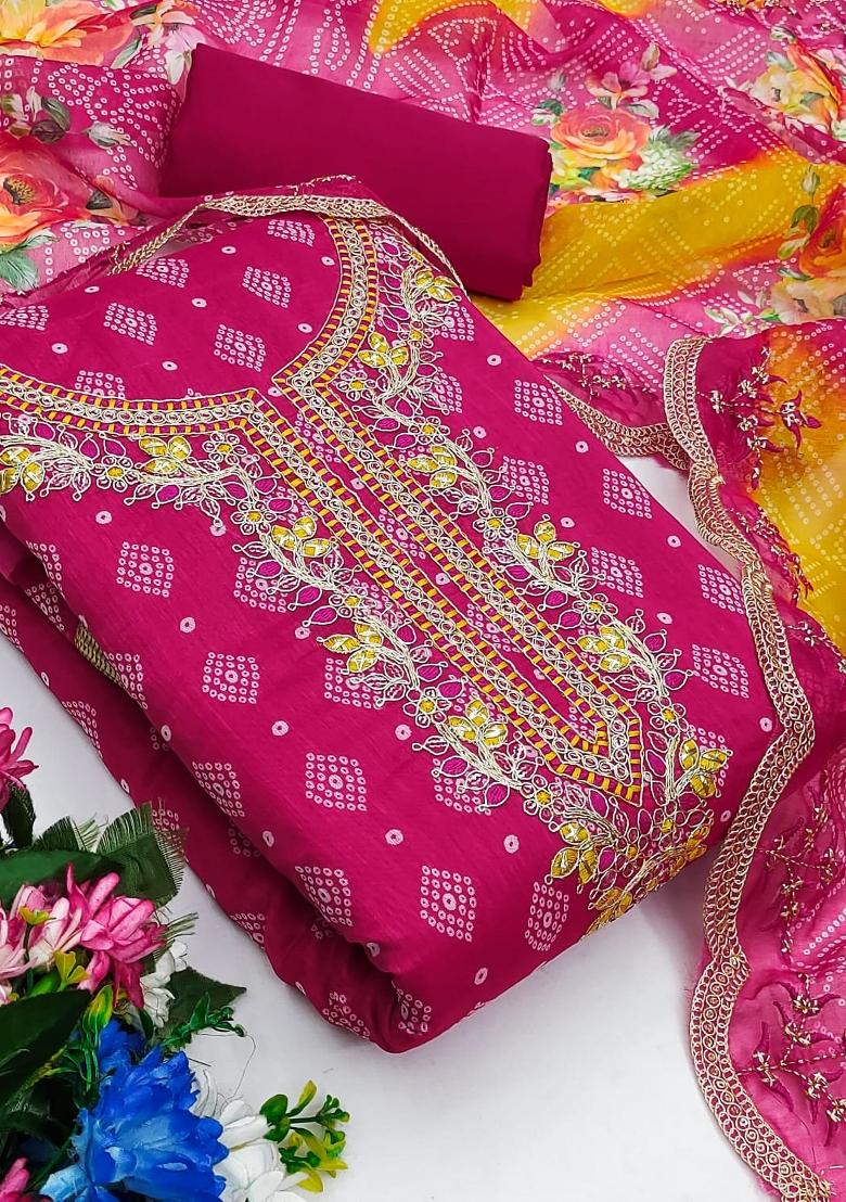 Pink Solid Chanderi Dress Material