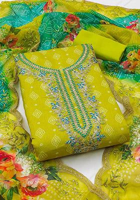 Green Solid Chanderi Dress Material