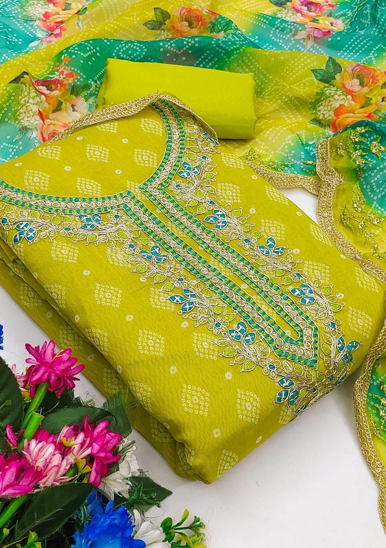 Green Solid Chanderi Dress Material