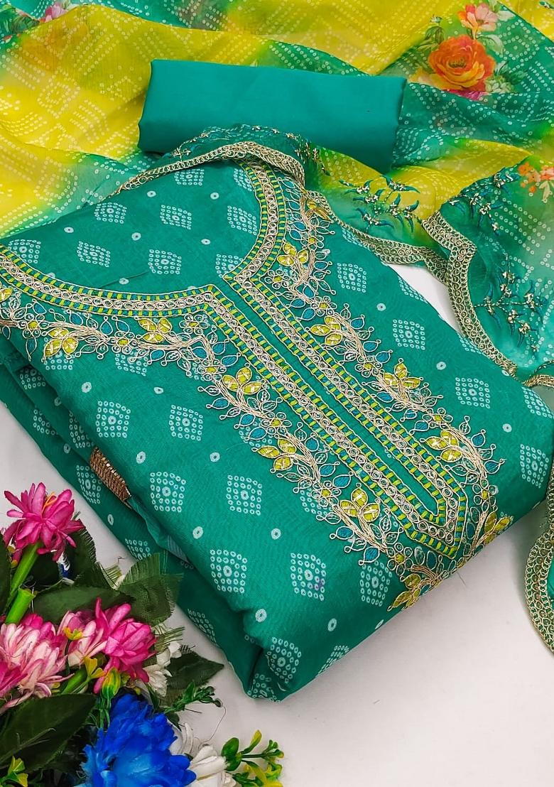 Teal Blue Solid Chanderi Dress Material