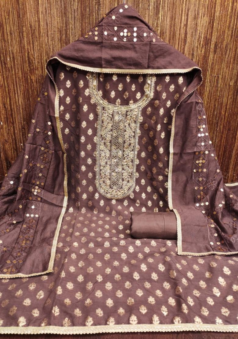 Brown Solid Chanderi Dress Material