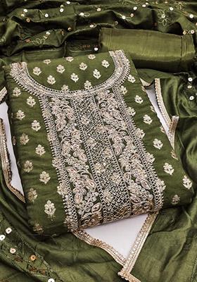 Green Solid Chanderi Dress Material