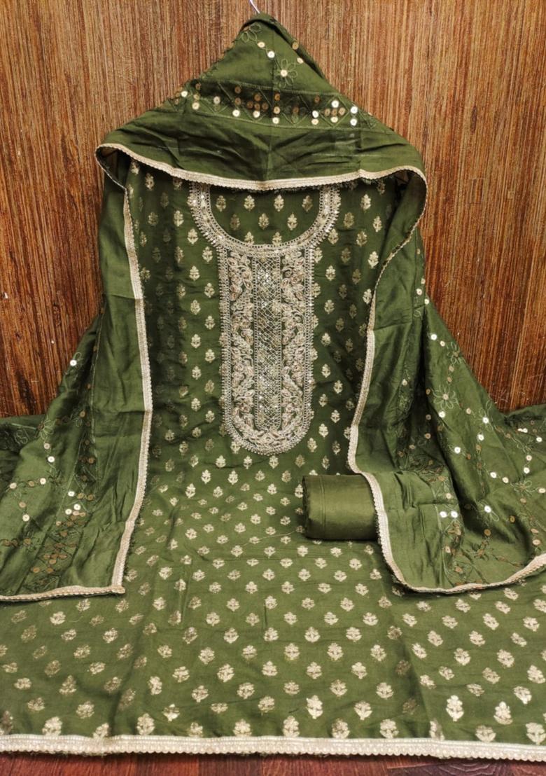 Green Solid Chanderi Dress Material