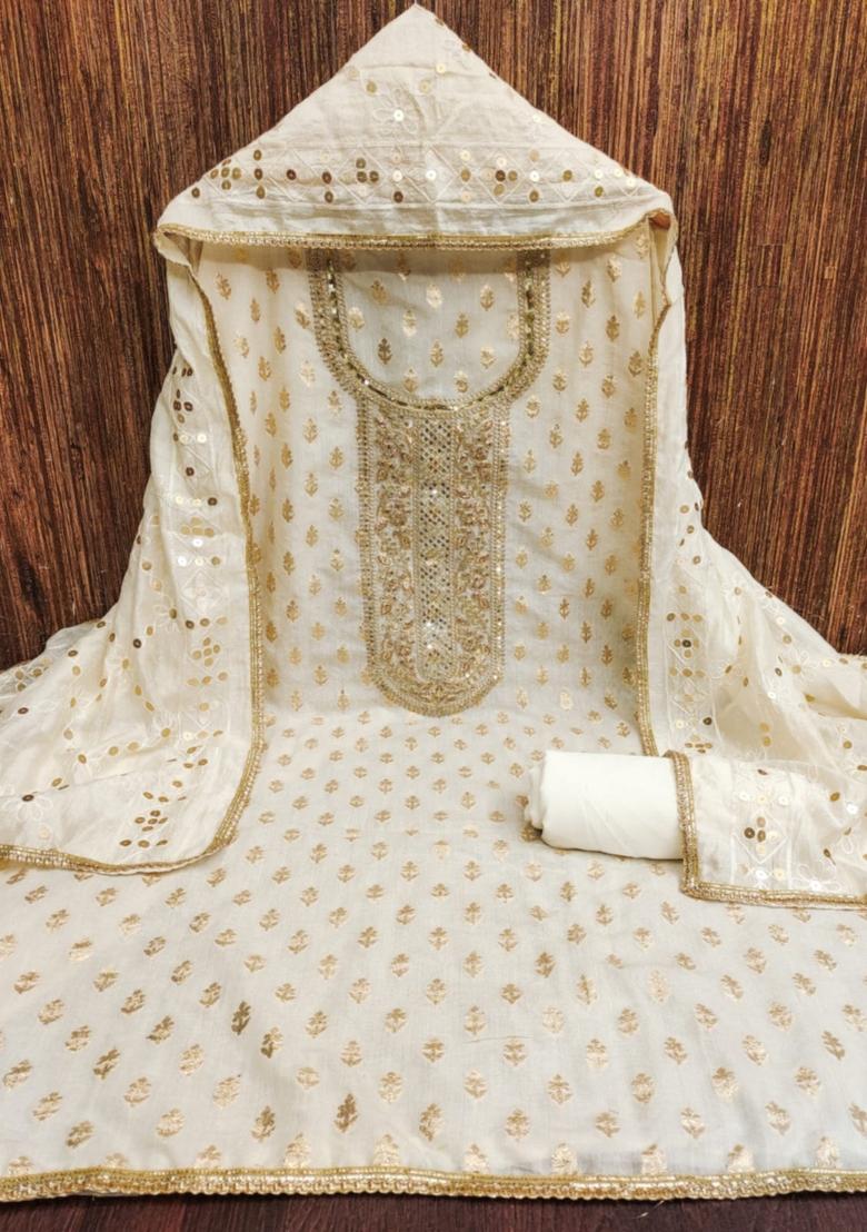 White Solid Chanderi Dress Material