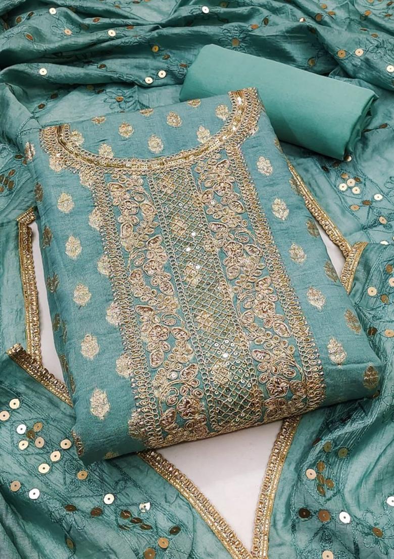Teal Blue Solid Chanderi Dress Material